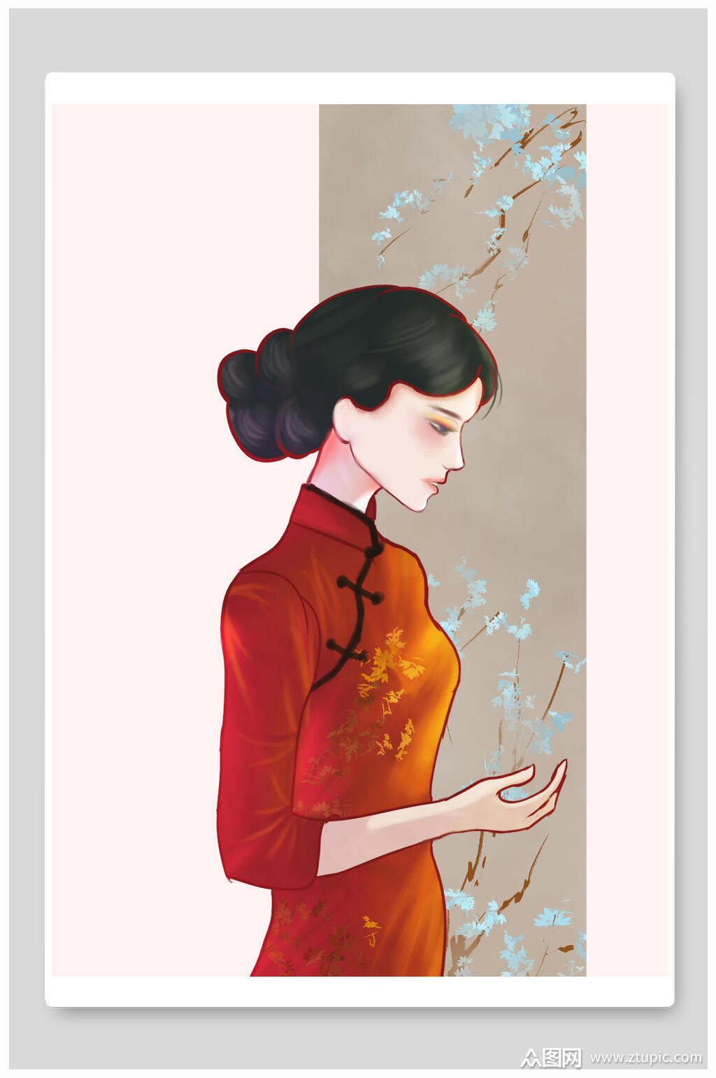 东方气质旗袍女子插画素材素材