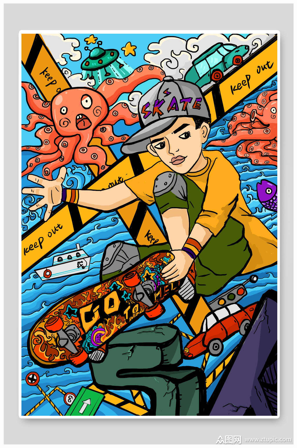 活力四射的滑板少年卡通涂鸦插画素材