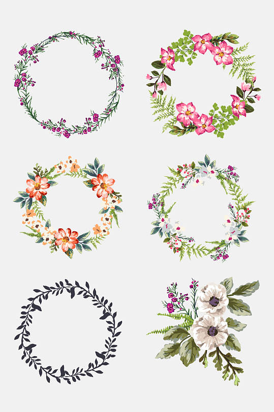 多样花圈装饰画手绘花卉花朵素材设计元素