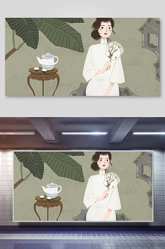 韩式旗袍女子插画素材