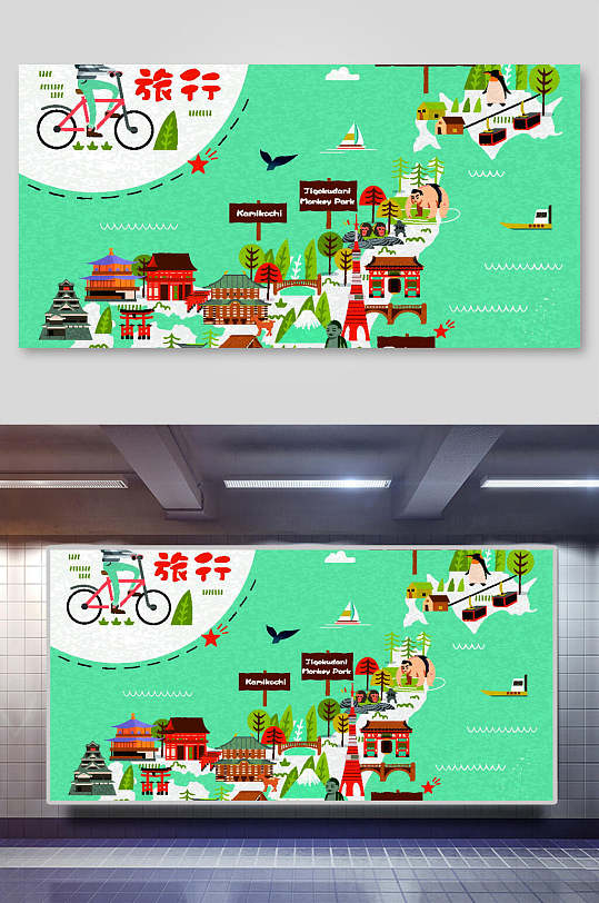 骑行日本旅游日式风情插画素材