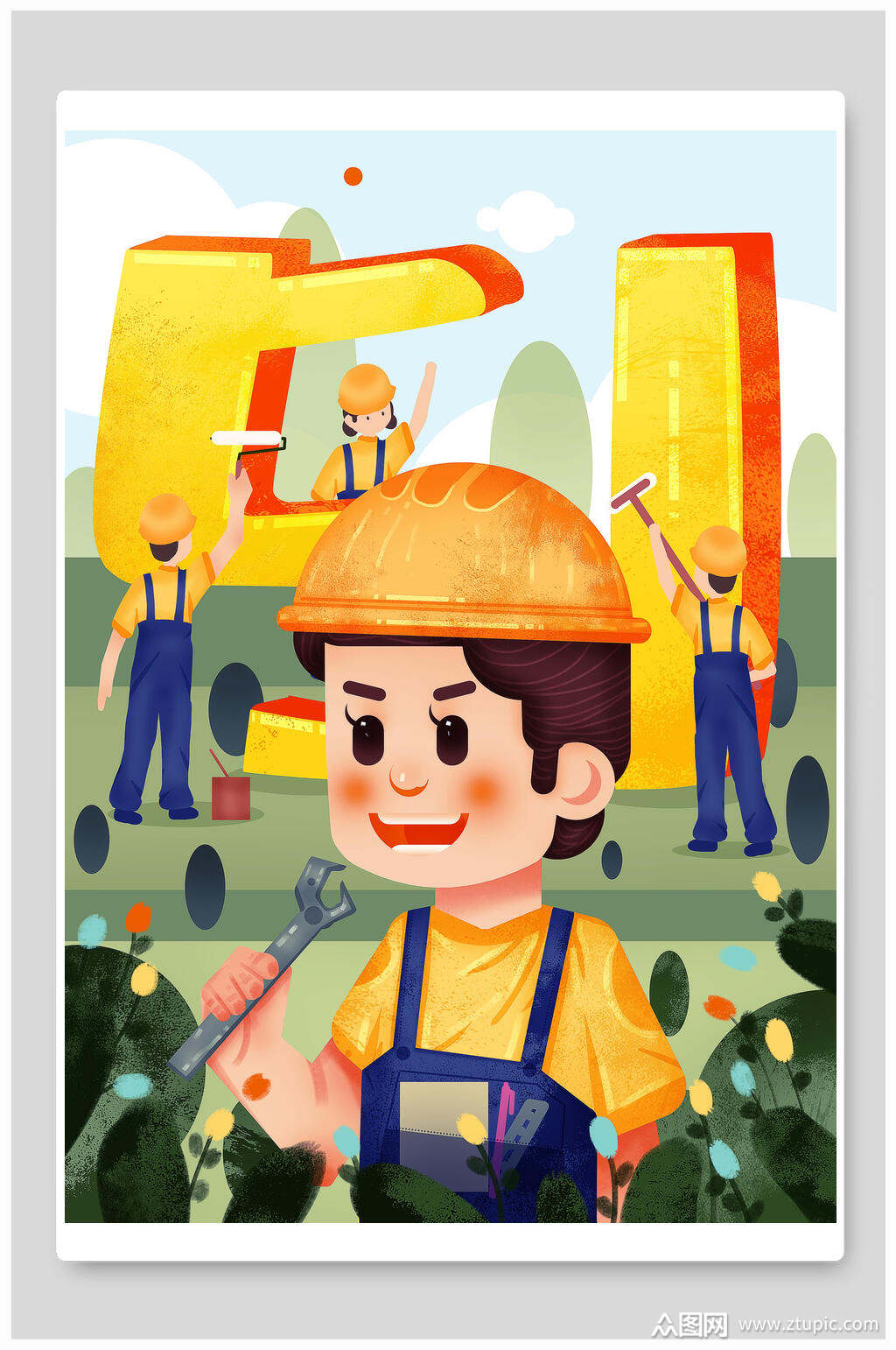 工程施工五一劳动节插画素材