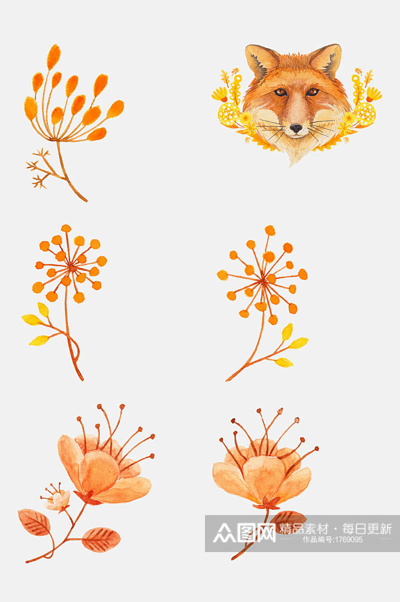 狐狸好看秋季手绘植物免抠元素素材