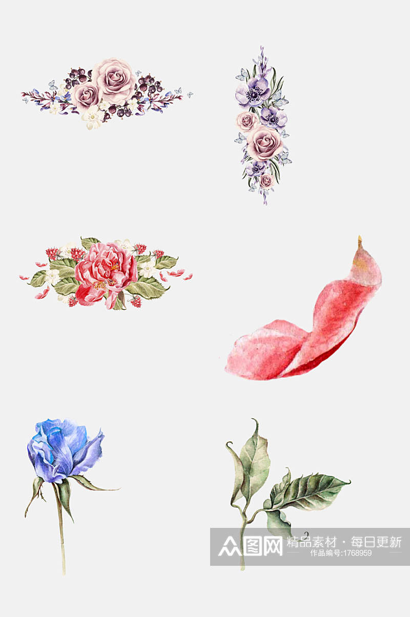 彩色好看手绘水彩花卉植物免抠元素素材