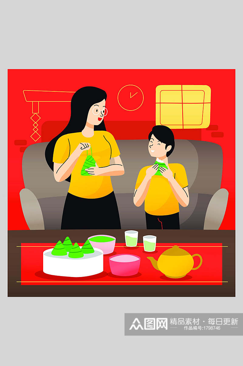 吃粽子粽香端午节插画素材素材