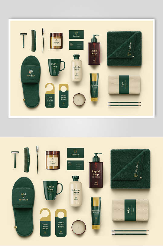 绿色酒店生活用品整套vi样机效果图