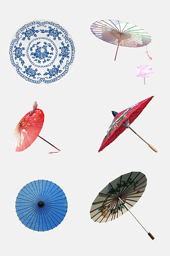 彩色红蓝青花瓷古风雨伞油纸伞免抠元素