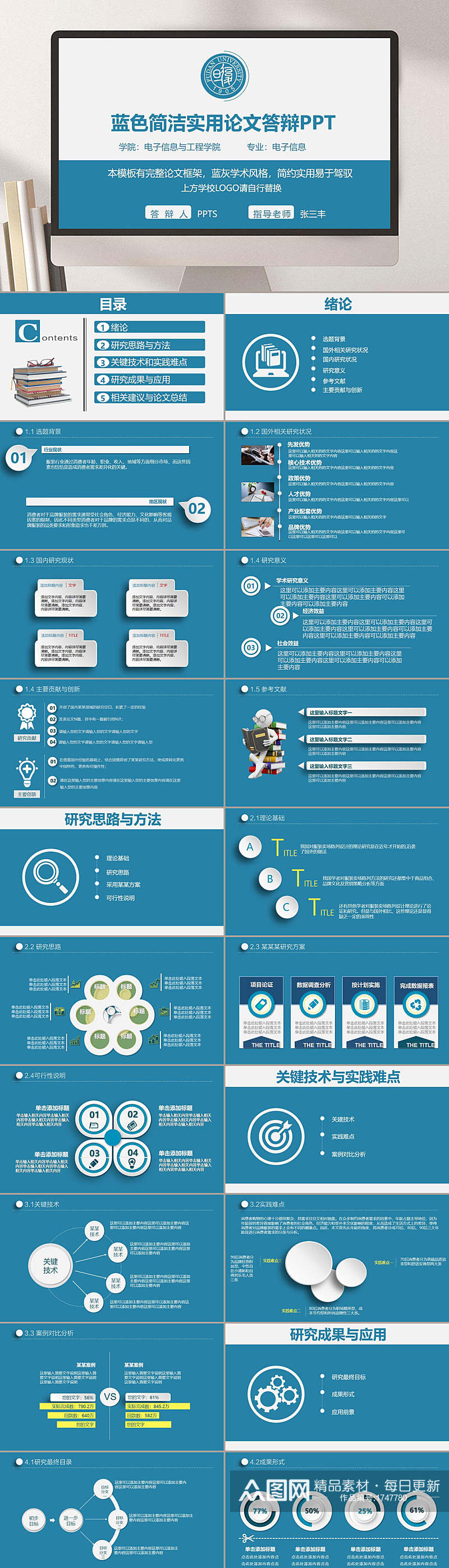 简洁实用蓝色论文答辩PPT模板素材