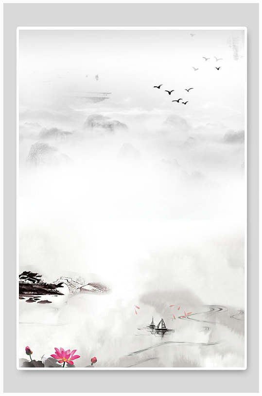 中国风水墨山水荷花鸟儿背景素材-众图网
