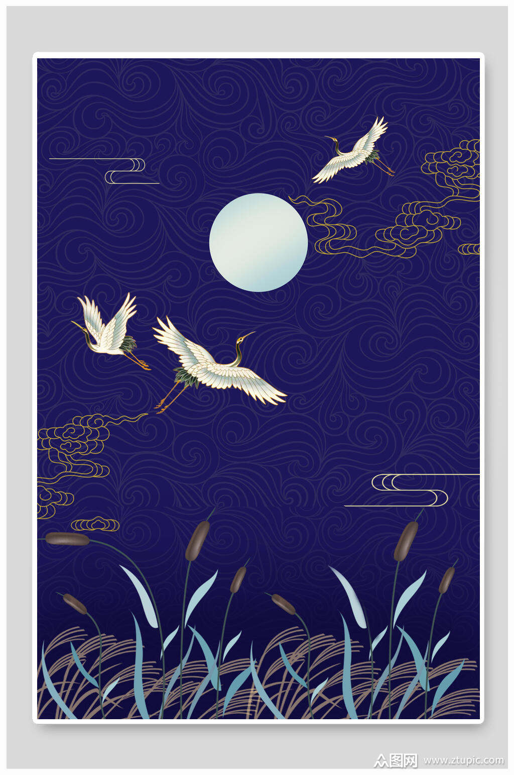 蓝金中国风中式仙鹤海报背景素材模板下载-编号1762626-众图网