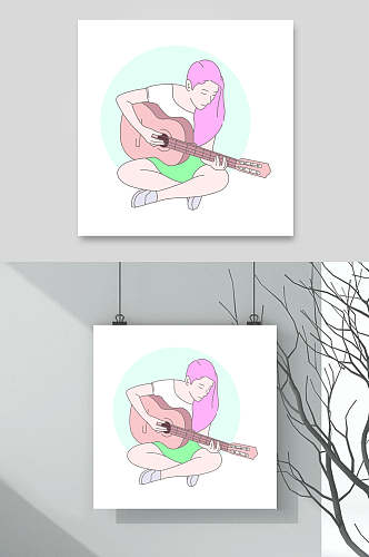 吉他少女人物插画