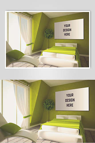 绿色卧室室内装饰画挂画样机