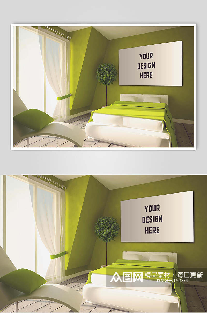 绿色卧室室内装饰画挂画样机素材
