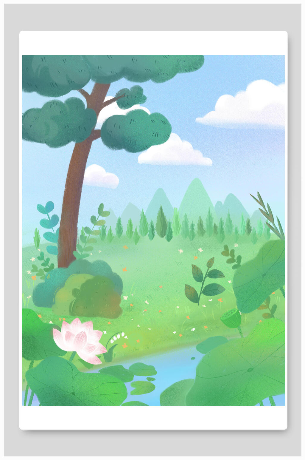 荷花夏日森林插画背景素材素材
