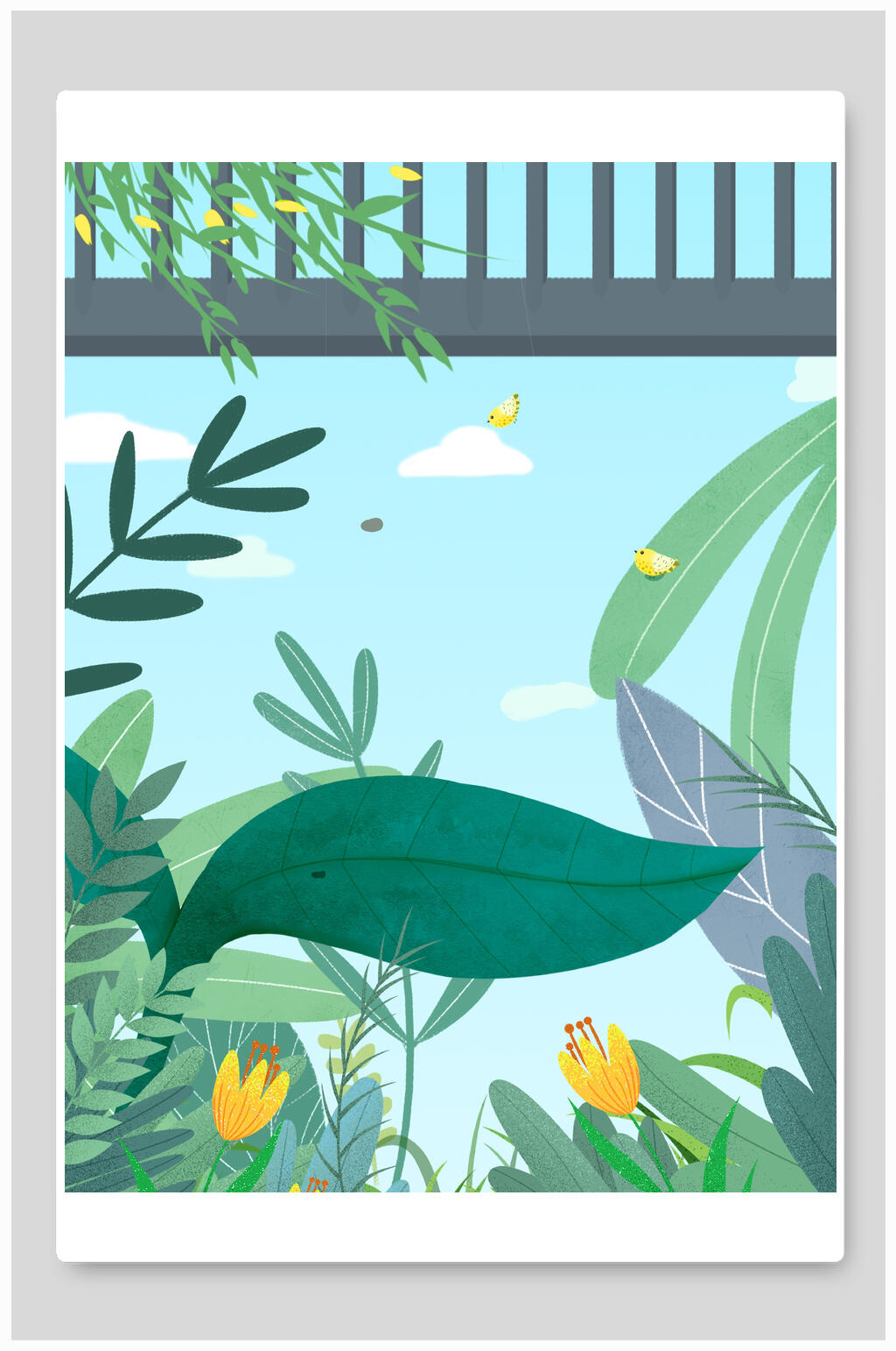 清新森林鲜花插画背景素材素材