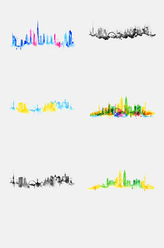 手绘画多彩泼墨城市建筑免抠元素素材