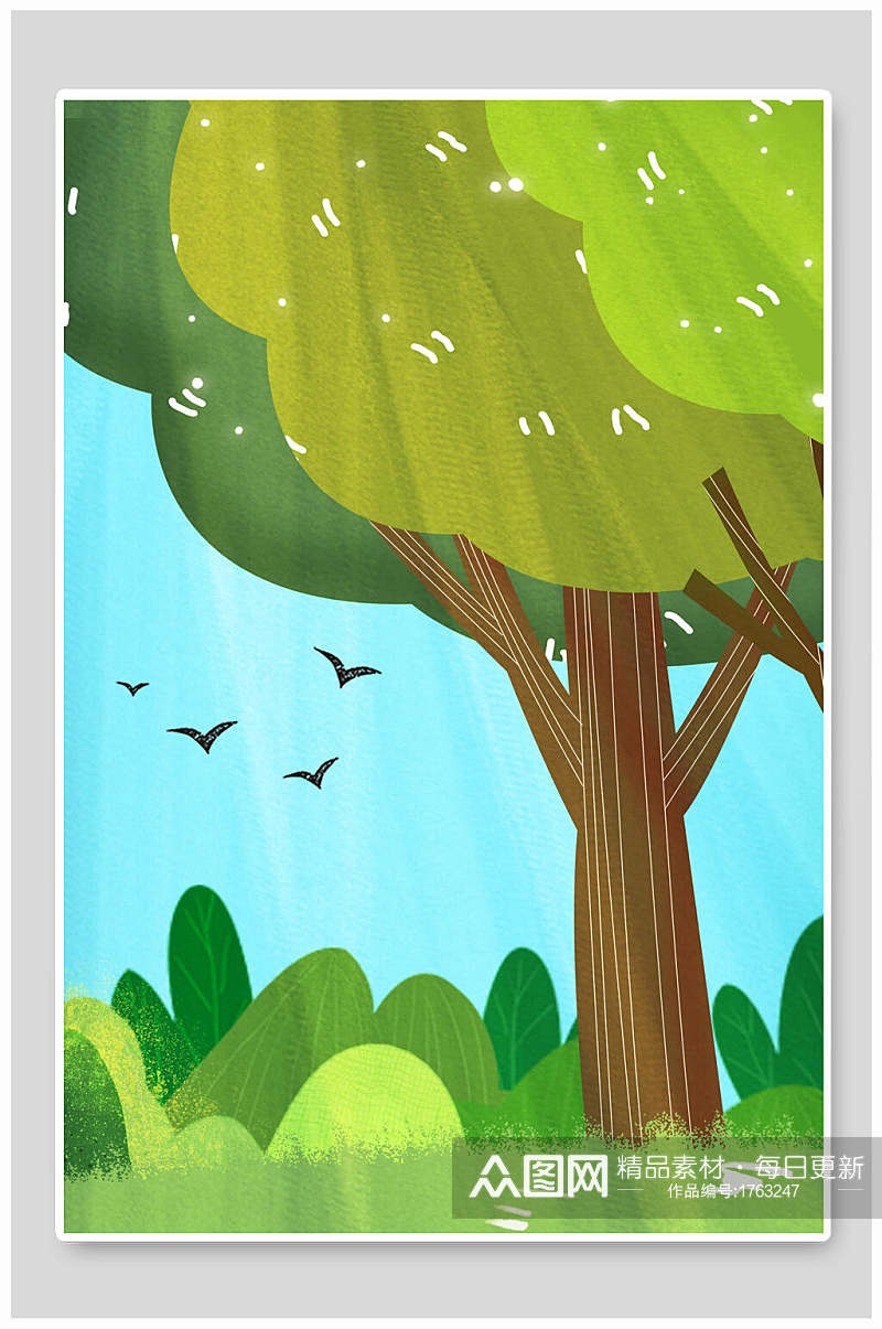 绿色森林鸟儿插画背景素材素材