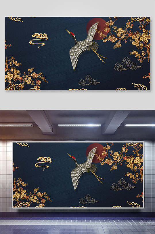 中式图案花卉仙鹤背景素材