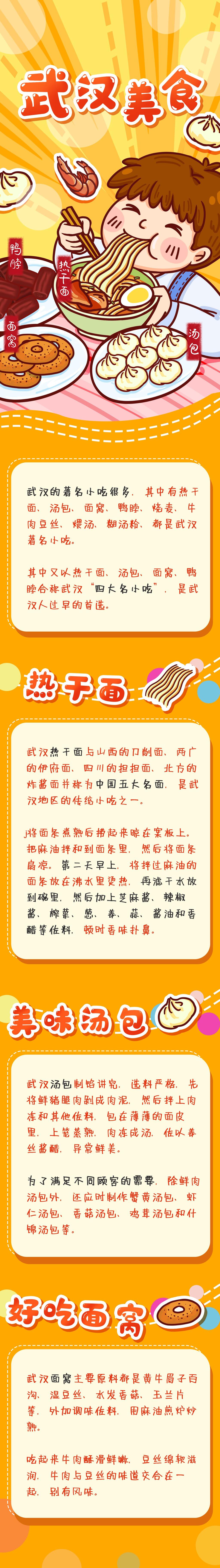 卡通创意黄色武汉美食旅游信息H手机长图banner素材