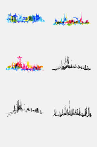 手绘画多彩泼墨城市建筑免抠元素素材