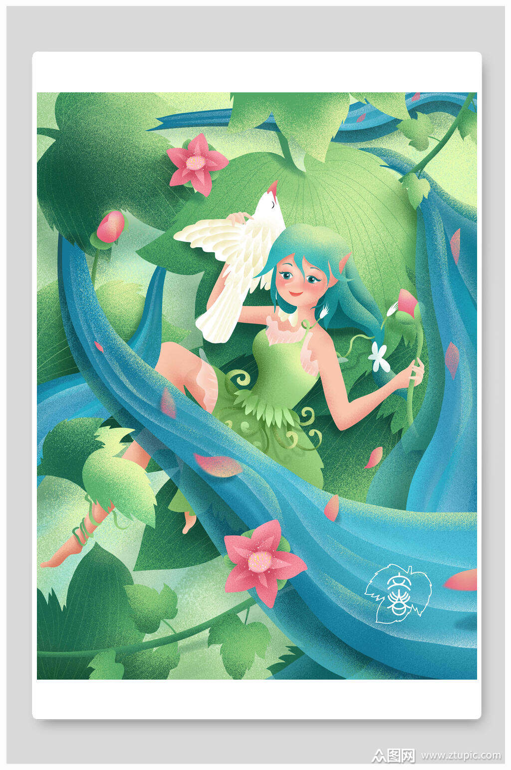 清新唯美春姑娘节气插画素材