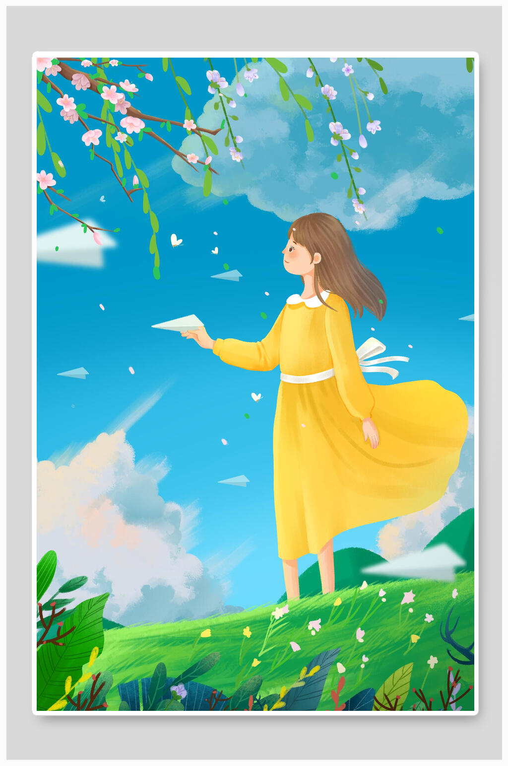 绿色纸飞机节气插画素材素材