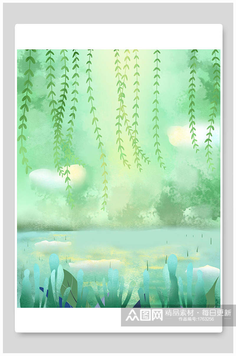 水彩绿色森林插画背景素材素材