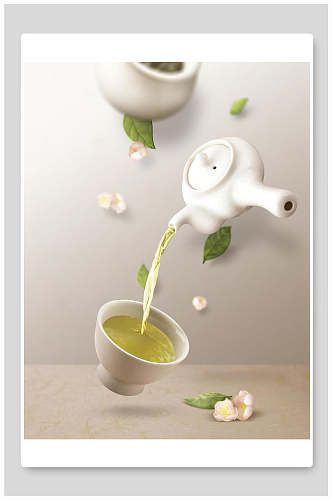 清新绿茶悬浮下午茶美食海报