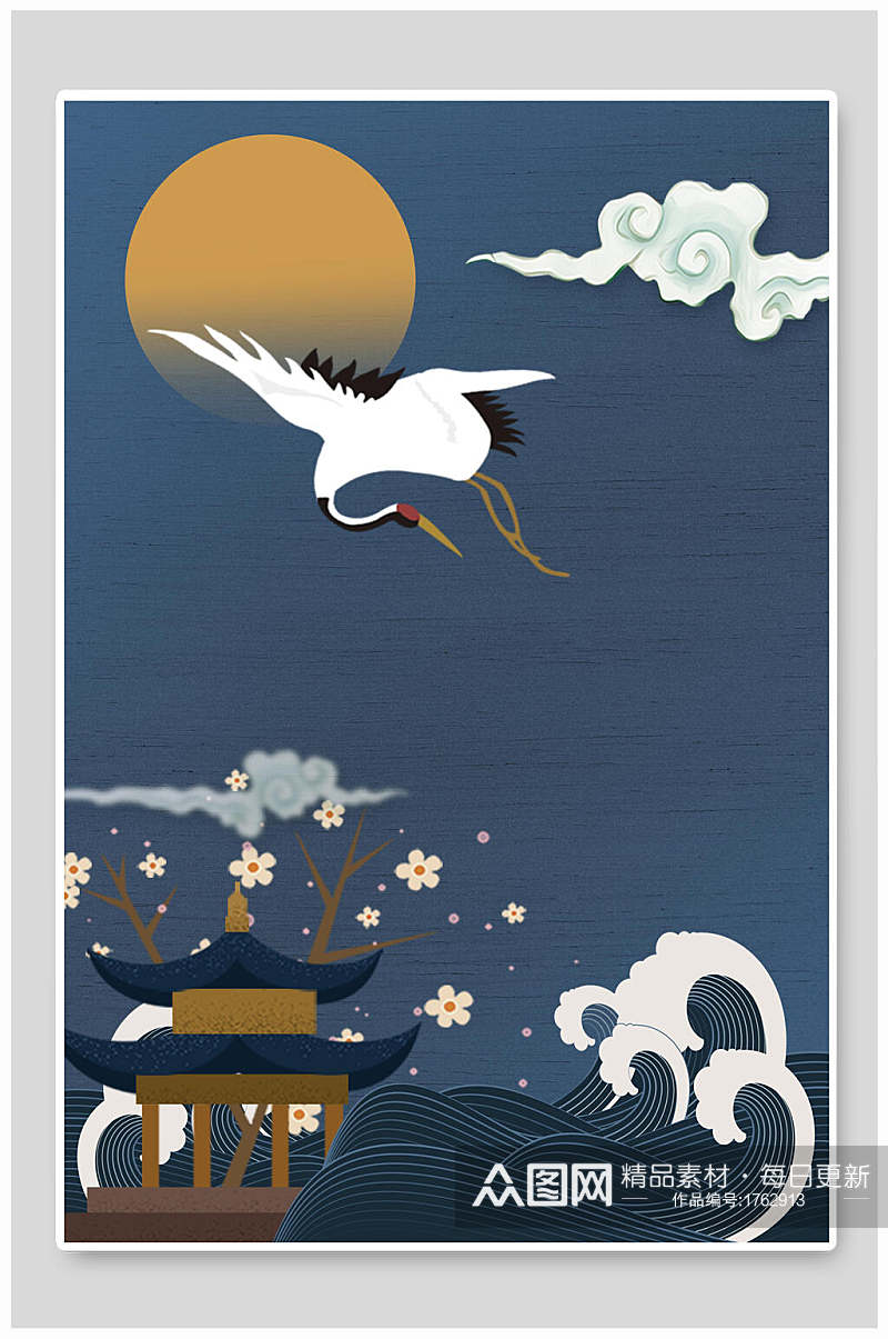 中国风中式礼盒仙鹤亭子海报背景素材素材