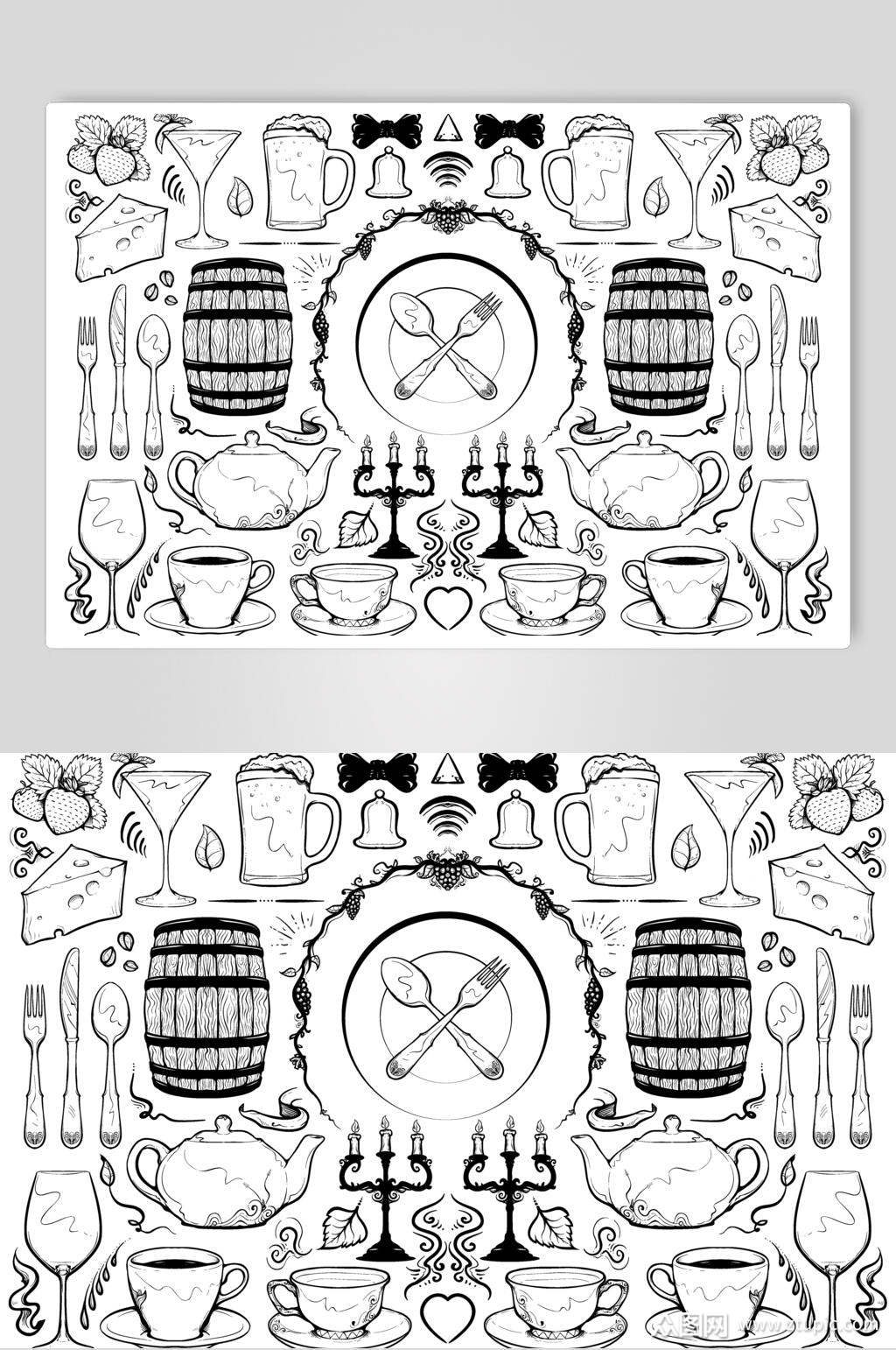 手绘画黑白餐具元素素材