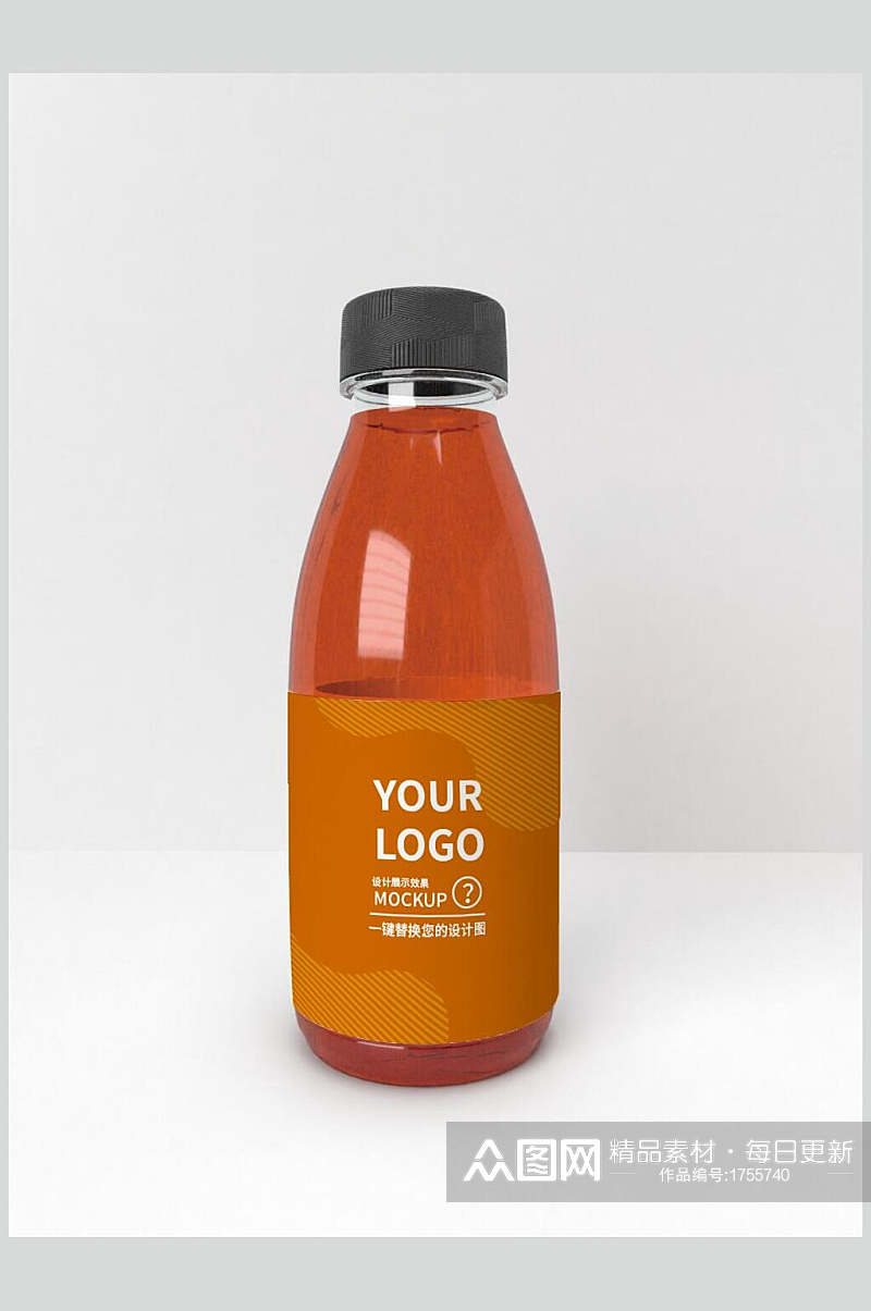 橘色流体果汁瓶子包装贴图样机素材