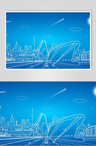 蓝色线条图形城市建设建筑线描素材