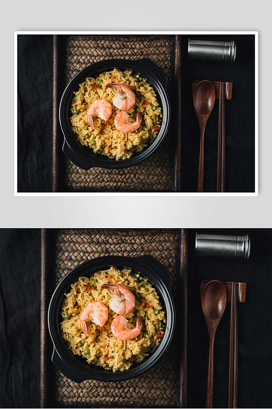 日系大虾海鲜蛋炒饭摄影图片