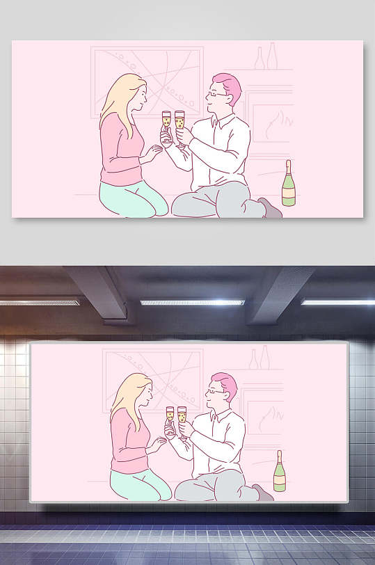 人物情侣喝香槟插画素材