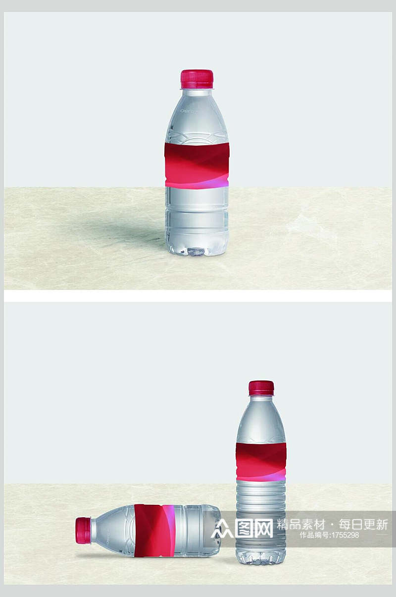 矿泉水瓶子包装样机效果图红色素材