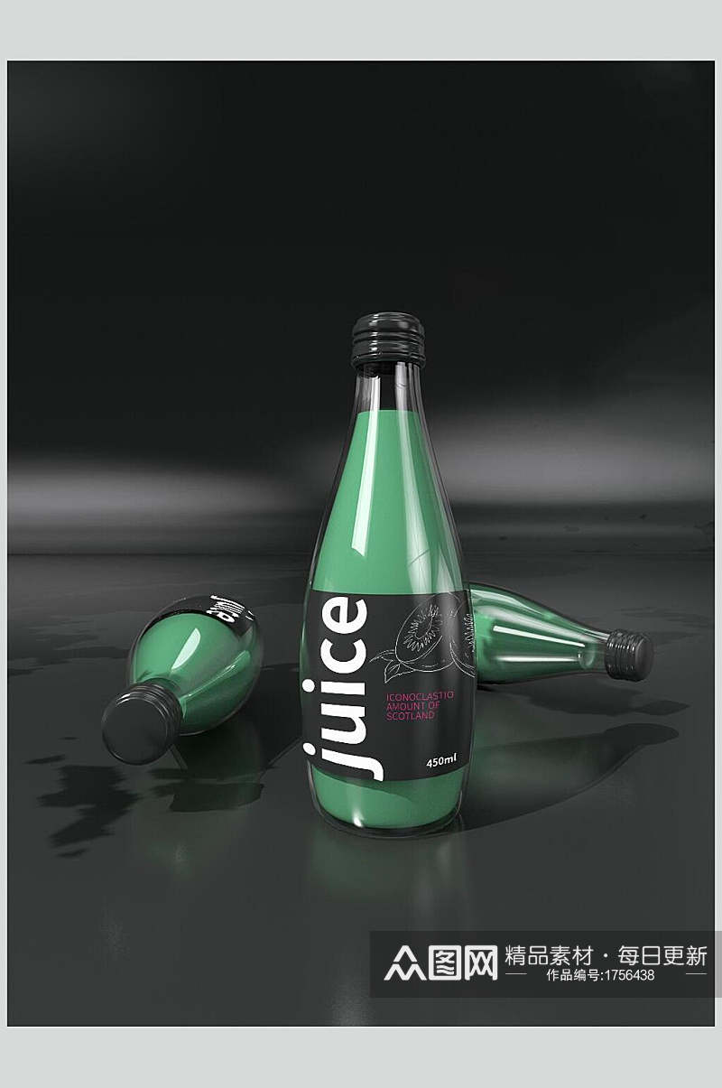 时尚绿色饮料果汁瓶子包装贴图样机素材