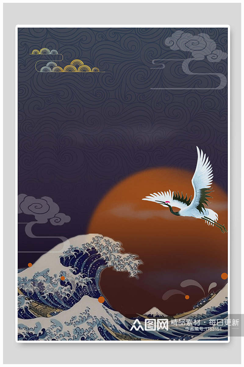 灰色中国风中式浪花仙鹤海报背景素材素材
