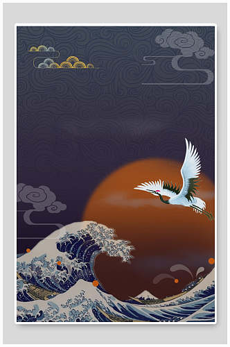 灰色中国风中式浪花仙鹤海报背景素材