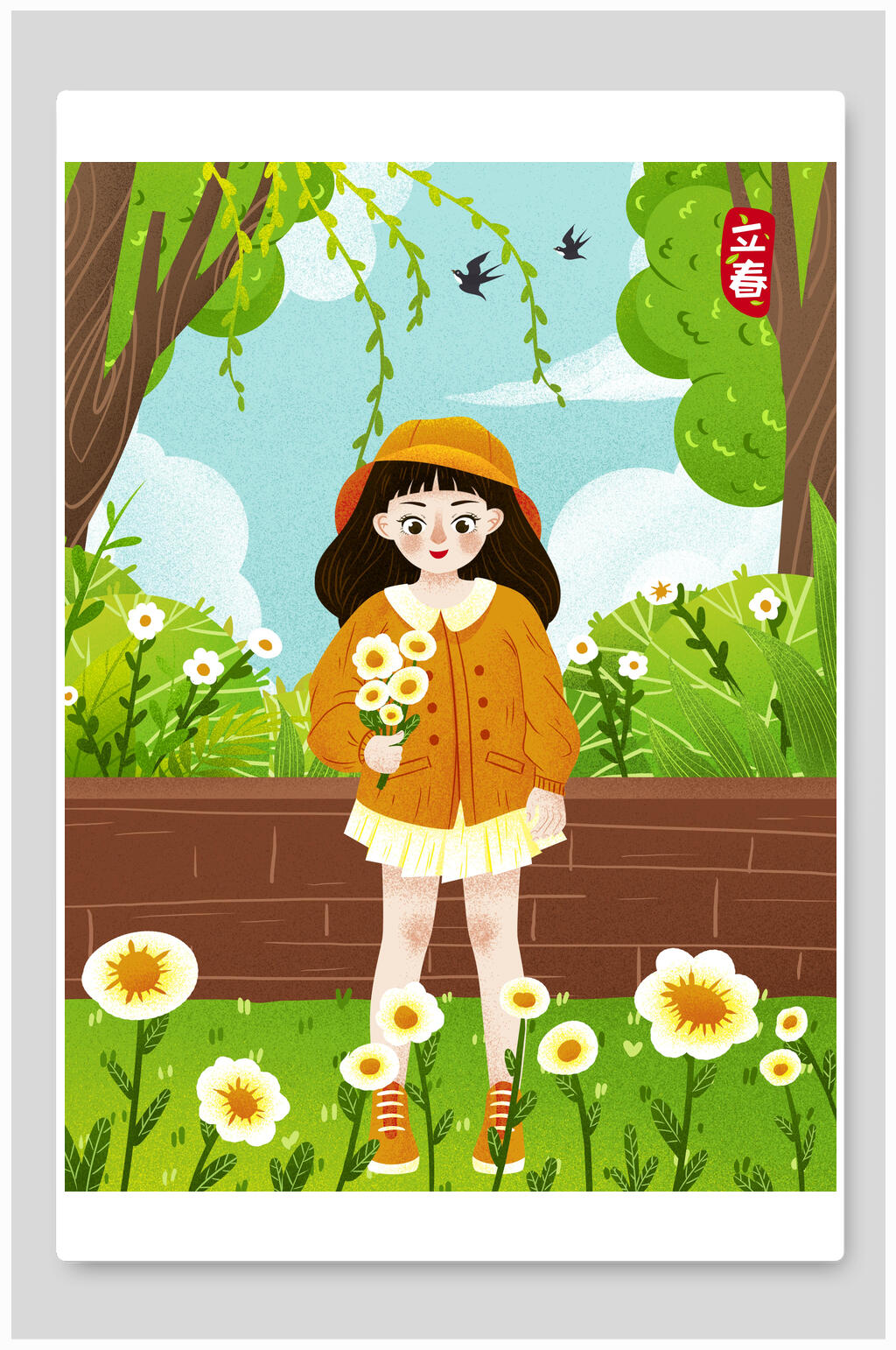 鸟语花香立春节气插画素材素材
