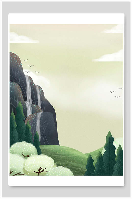 森林瀑布插画背景素材
