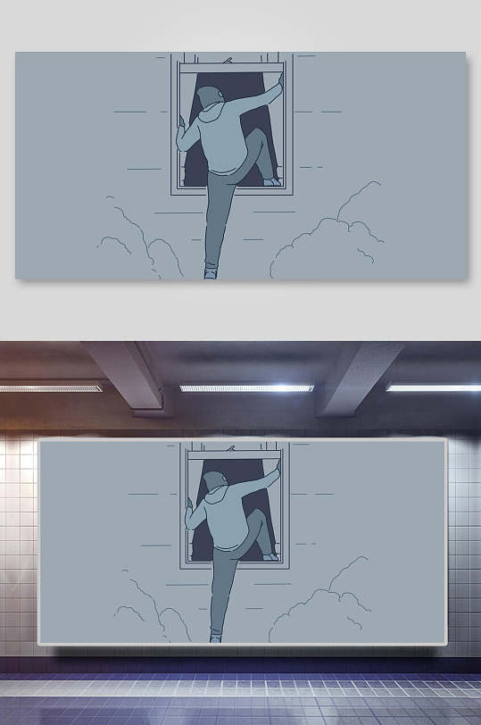 灰色小偷翻窗人物插画