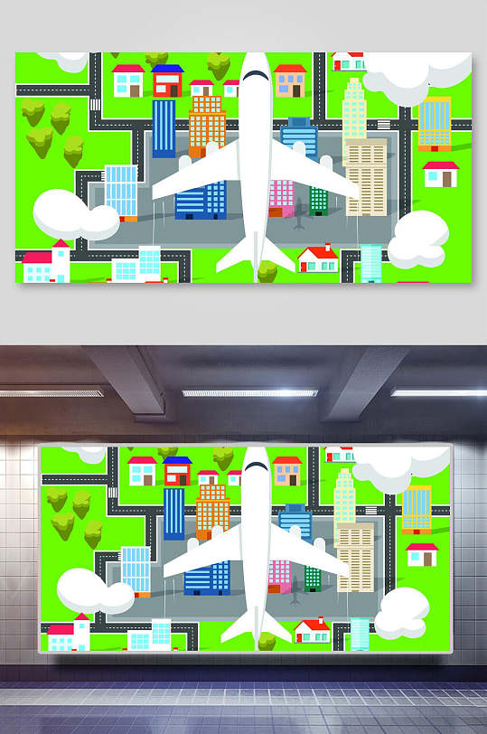 城市建飞机筑旅游插画素材