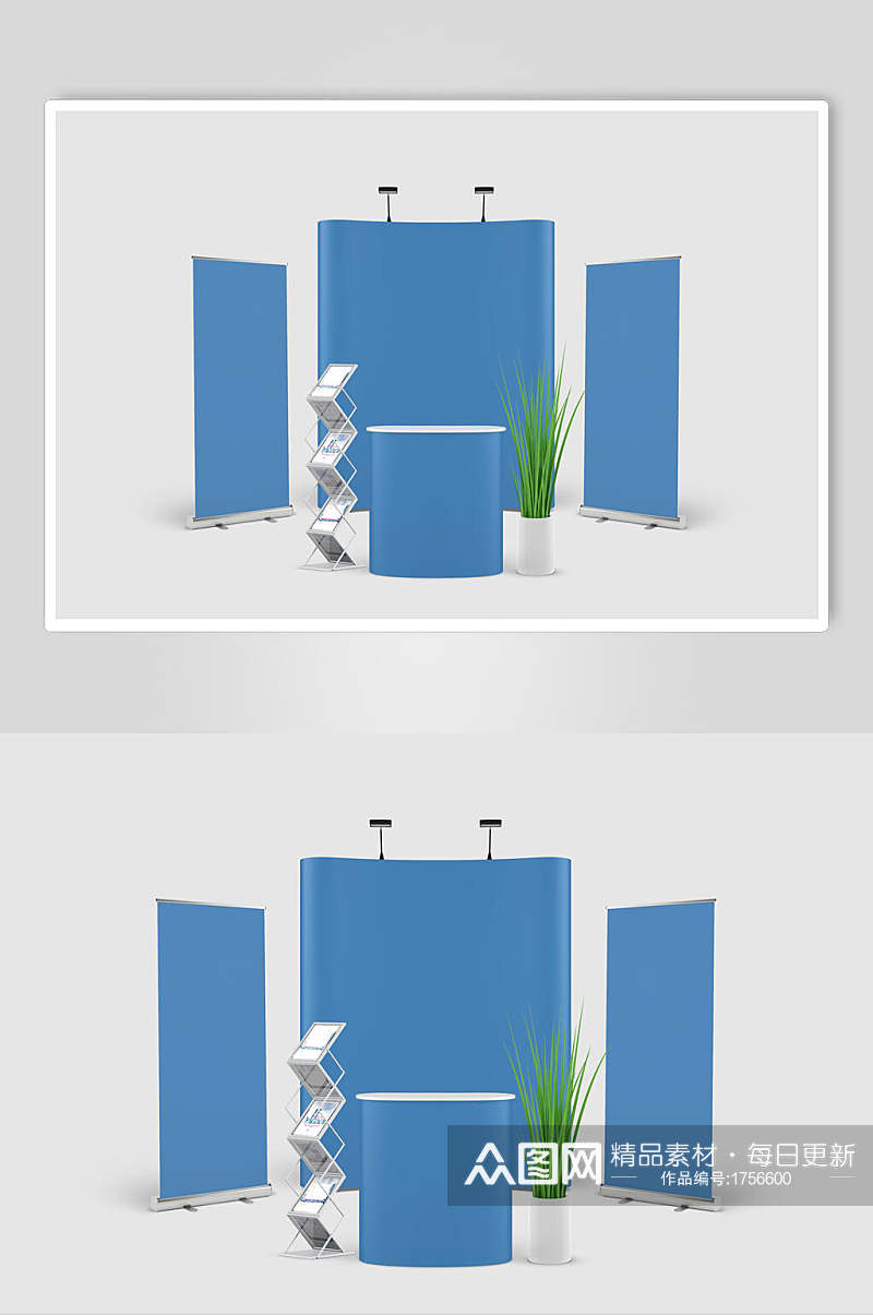 简洁蓝色发布会展位展台效果图整套VI样机效果图素材