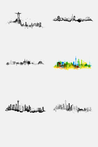 手绘画多彩泼墨城市建筑元素素材