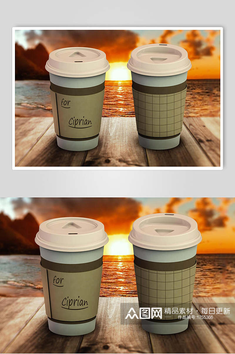 高端风景画咖啡杯纸杯包装样机效果图素材