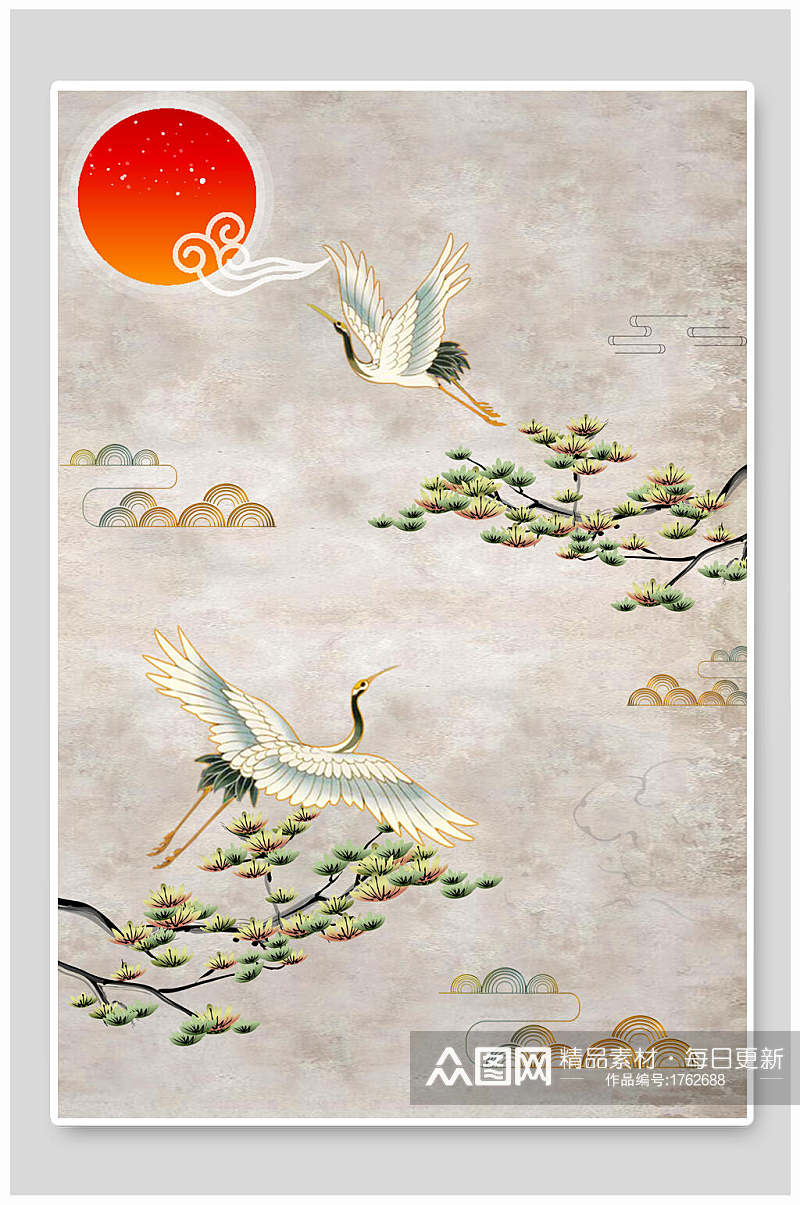 古典中国风中式仙鹤树枝海报背景素材素材