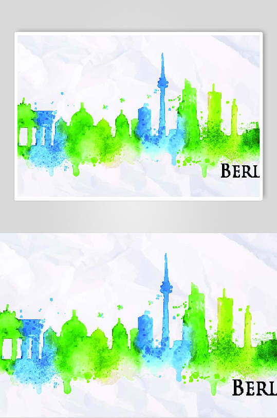 水彩画城市建筑泼墨元素素材