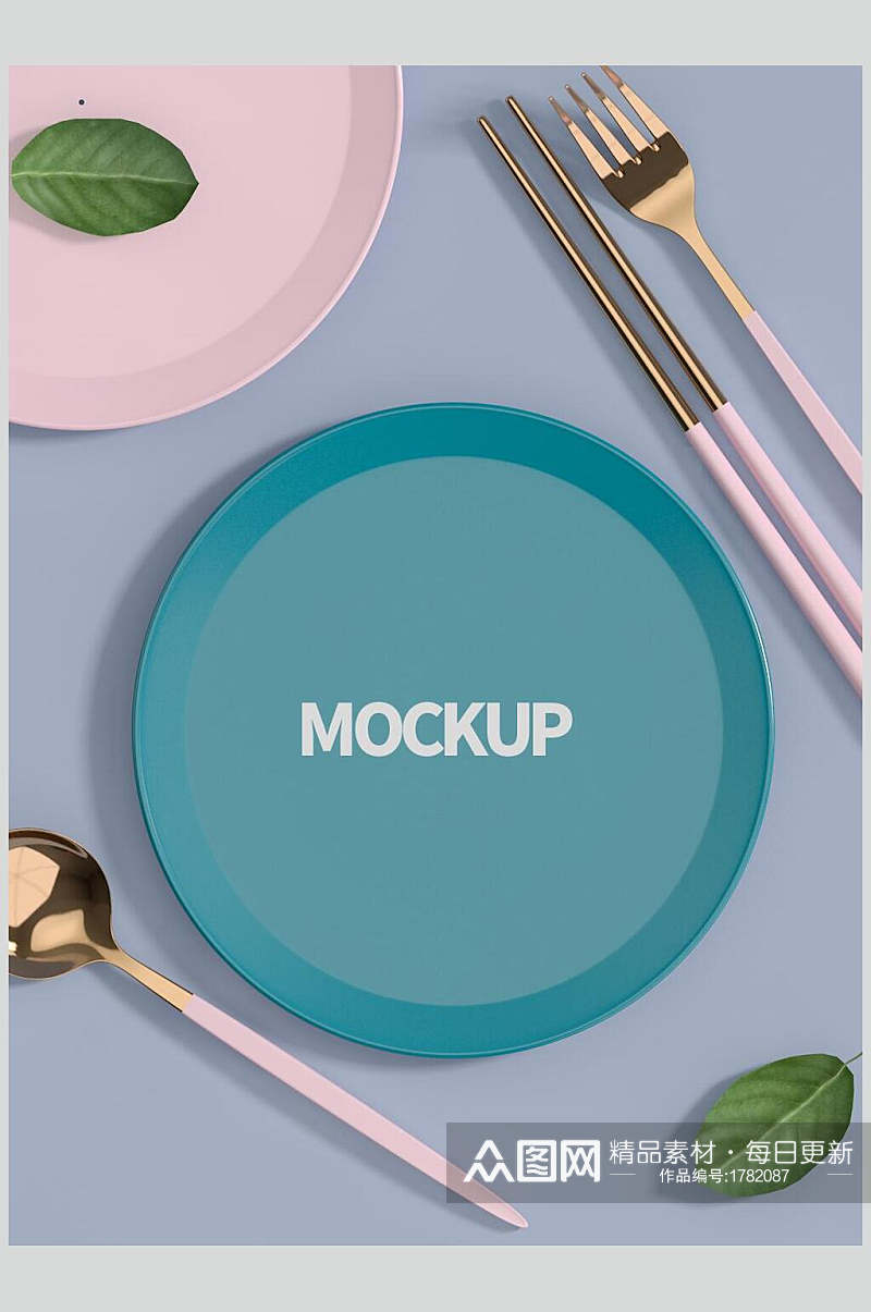 清新粉蓝日系餐厅托盘餐盘餐具整套VI样机效果图素材
