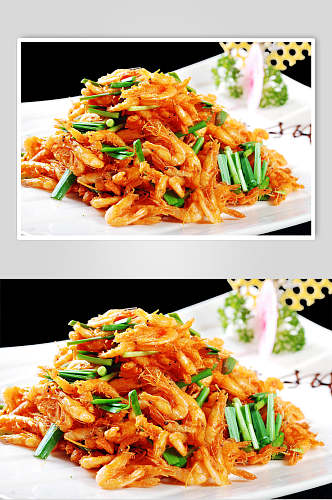 韭菜炒河虾美食摄影图片