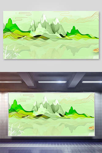 线条图形绿色山中式中国风背景展板